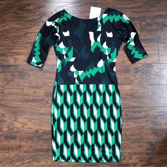 Diane Von Furstenberg • Helga dress black green silk knit sheath geometric print - Picture 3 of 12